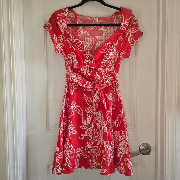 Free People a thing called love mini dress Linen Blend Florral Red Coral Size 4 - Picture 3 of 10